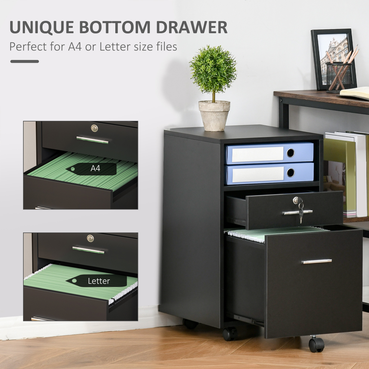 Vinsetto Mobile Lockable File Cabinet with Open Shelf & 5 Wheels – Home Office Storage, Black