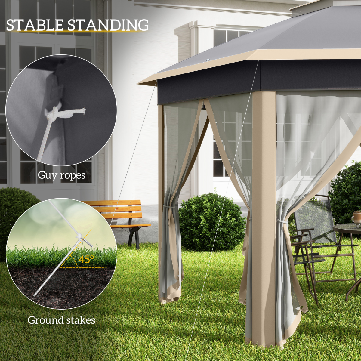 Outsunny 3 x 4m Hexagon Pop-Up Metal Gazebo with Six Mesh Curtains – Garden Party Tent, Khaki