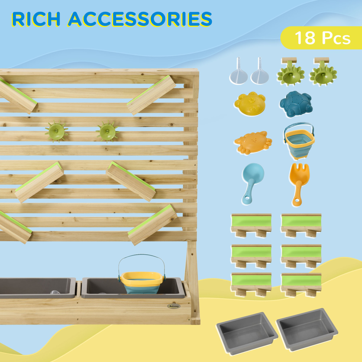 Outsunny Kids Sand and Water Playset with Two Sinks, Water Carts & 18 Accessories – Fir Wood Play Station