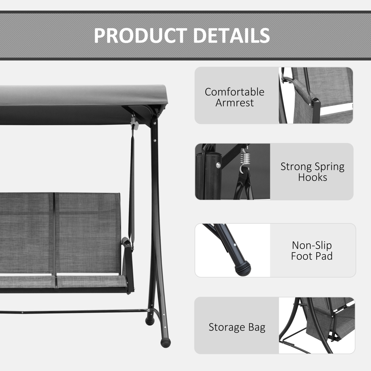 Outsunny 3-Seat Metal Patio Swing Chair with Adjustable Canopy & Side Pocket – Garden Swing Seat