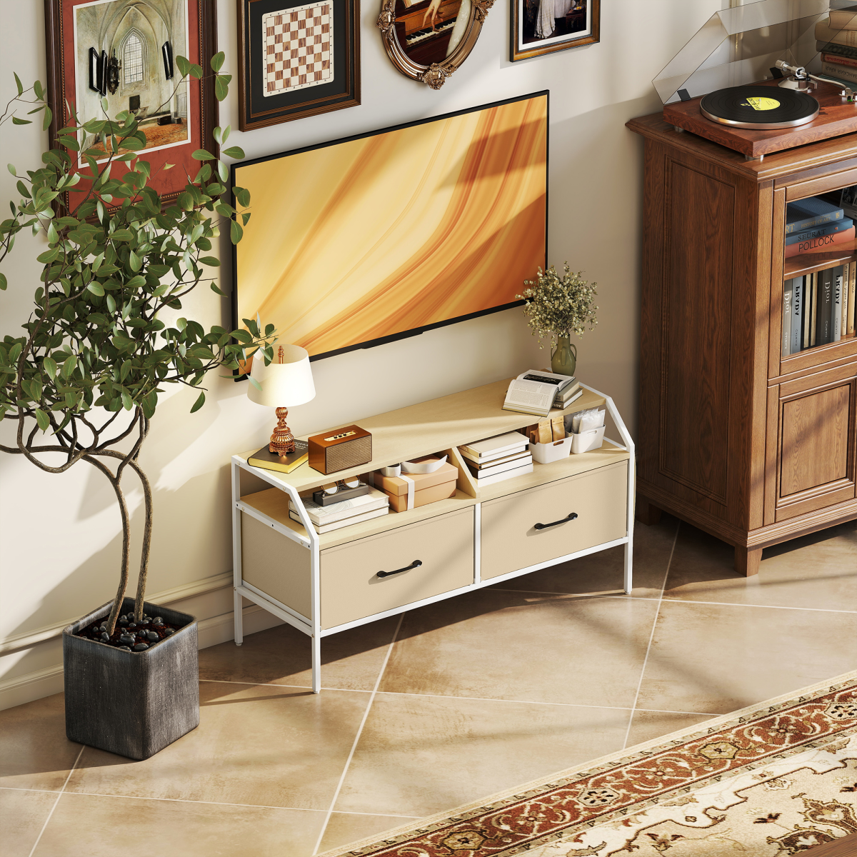 Industrial TV Stand with 2 Fabric Drawers & Side Pockets for TVs up to 55 in – Entertainment Storage, Natural Wood