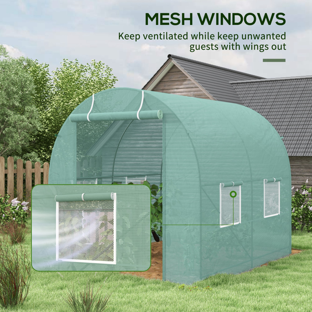 Outsunny Reinforced Walk-In Polytunnel Greenhouse with Steel Frame, PE Cover & Mesh Windows – 2.5 x 2m