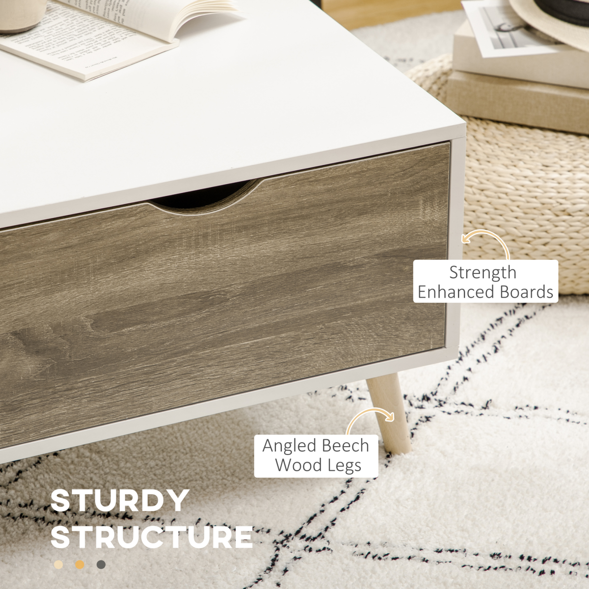 Modern White Coffee Table with Storage Shelves and 2 Sliding Drawers – Living Room Table with Wood-Effect Drawers