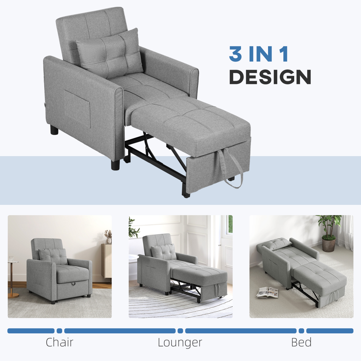 HOMCOM Pull-Out Sleeper Chair Bed with Pillow & Side Pockets – Single Guest Bed, Padded Upholstery, Light Grey