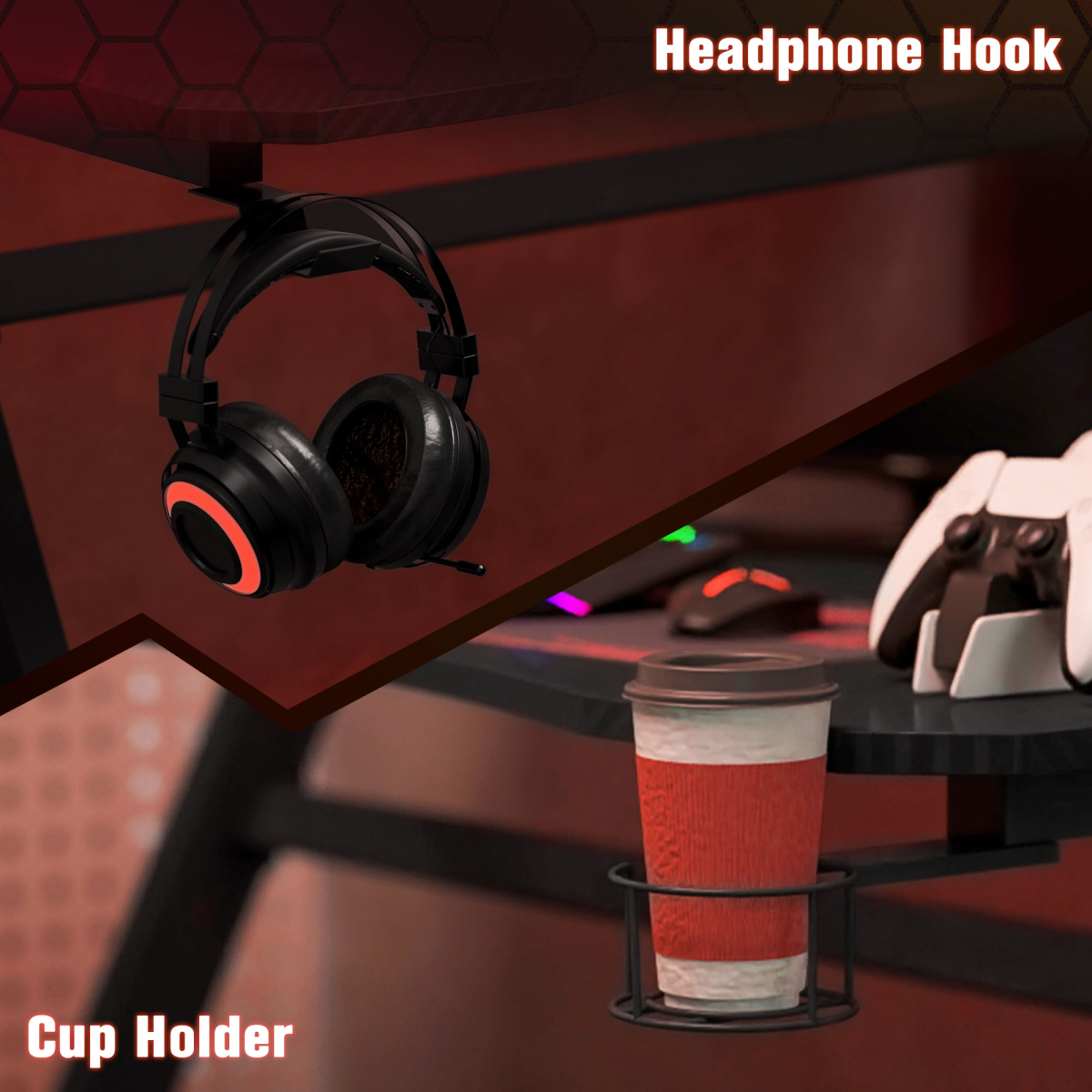Steel Gaming Desk with Cup Holder & Headphone Hook – Large Desktop, Adjustable Feet, Black