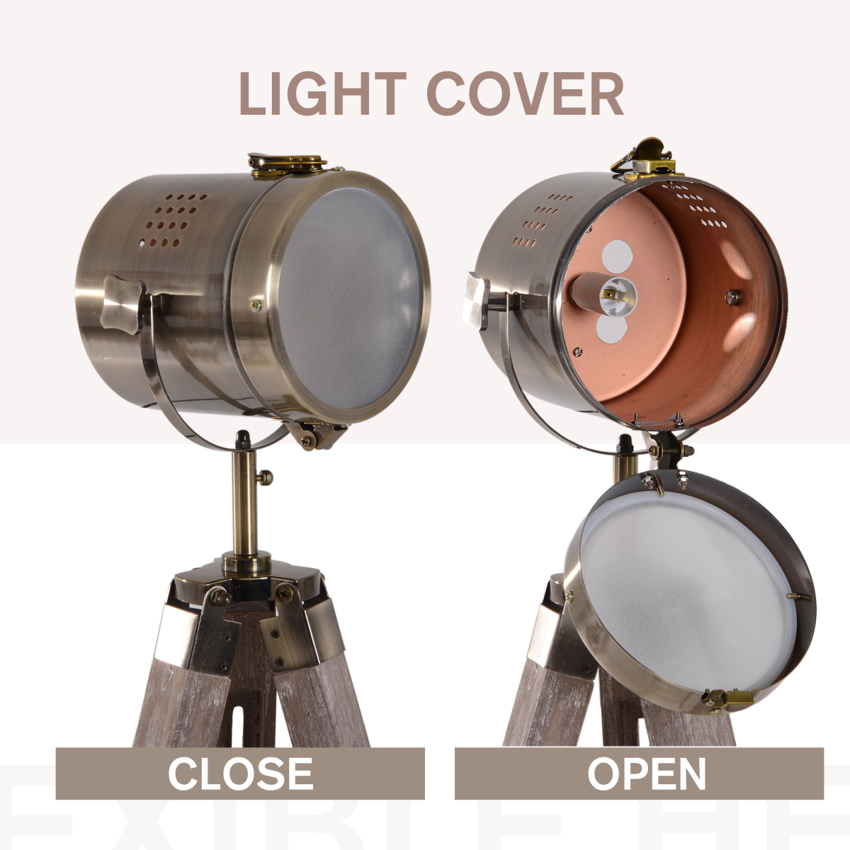 HOMCOM Industrial Tripod Searchlight Floor Lamp with Adjustable Height & Tilting Head – Wood & Bronze