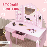 AIYAPLAY Kids Dressing Table Set with Tri-Fold Mirror, Stool and Drawer – Playroom Make Up Vanity, Pink