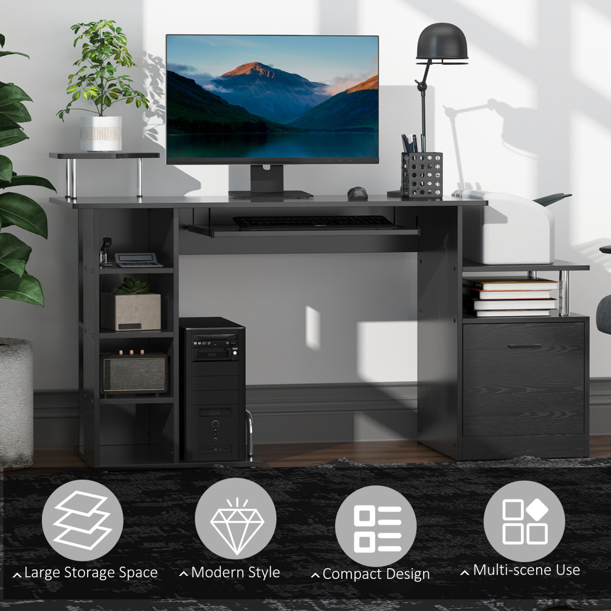 HOMCOM Wooden Computer Desk with Pull-Out Keyboard Tray, Storage Drawer & Printer Shelf