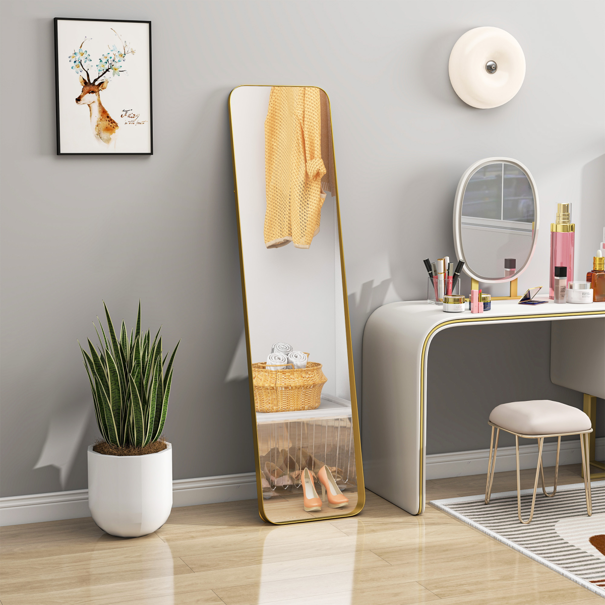 Full Length Mirror 160 x 40cm with Curved Corners – Gold Tone Metal Frame, Leaning or Wall Standing