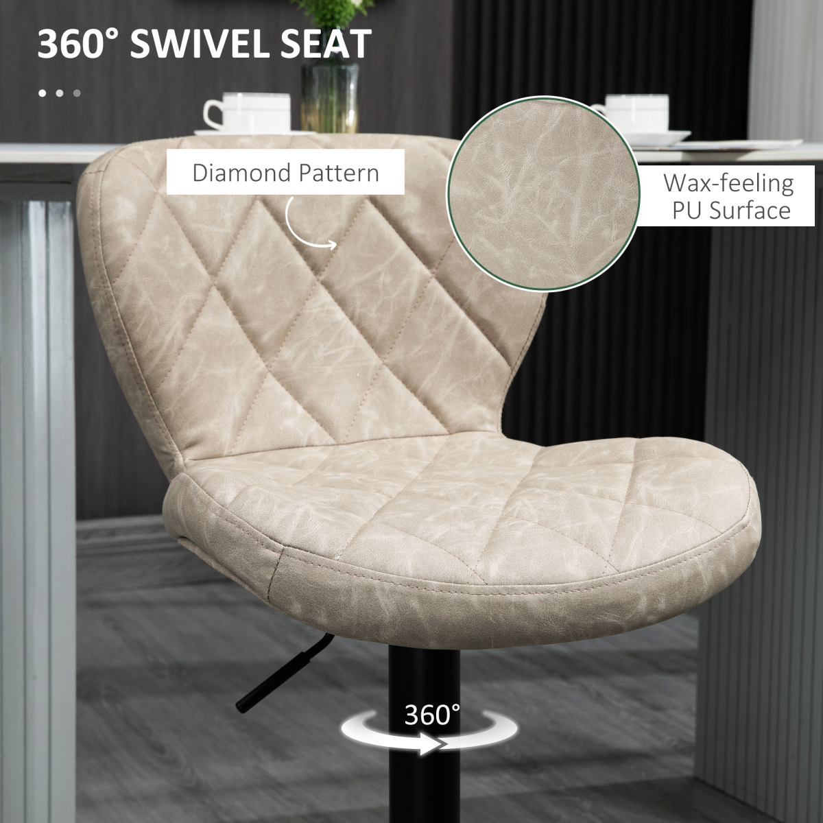 HOMCOM Set of 2 Swivel Bar Stools with Backrest and Footrest – Adjustable Height, Diamond Pattern PU, Khaki