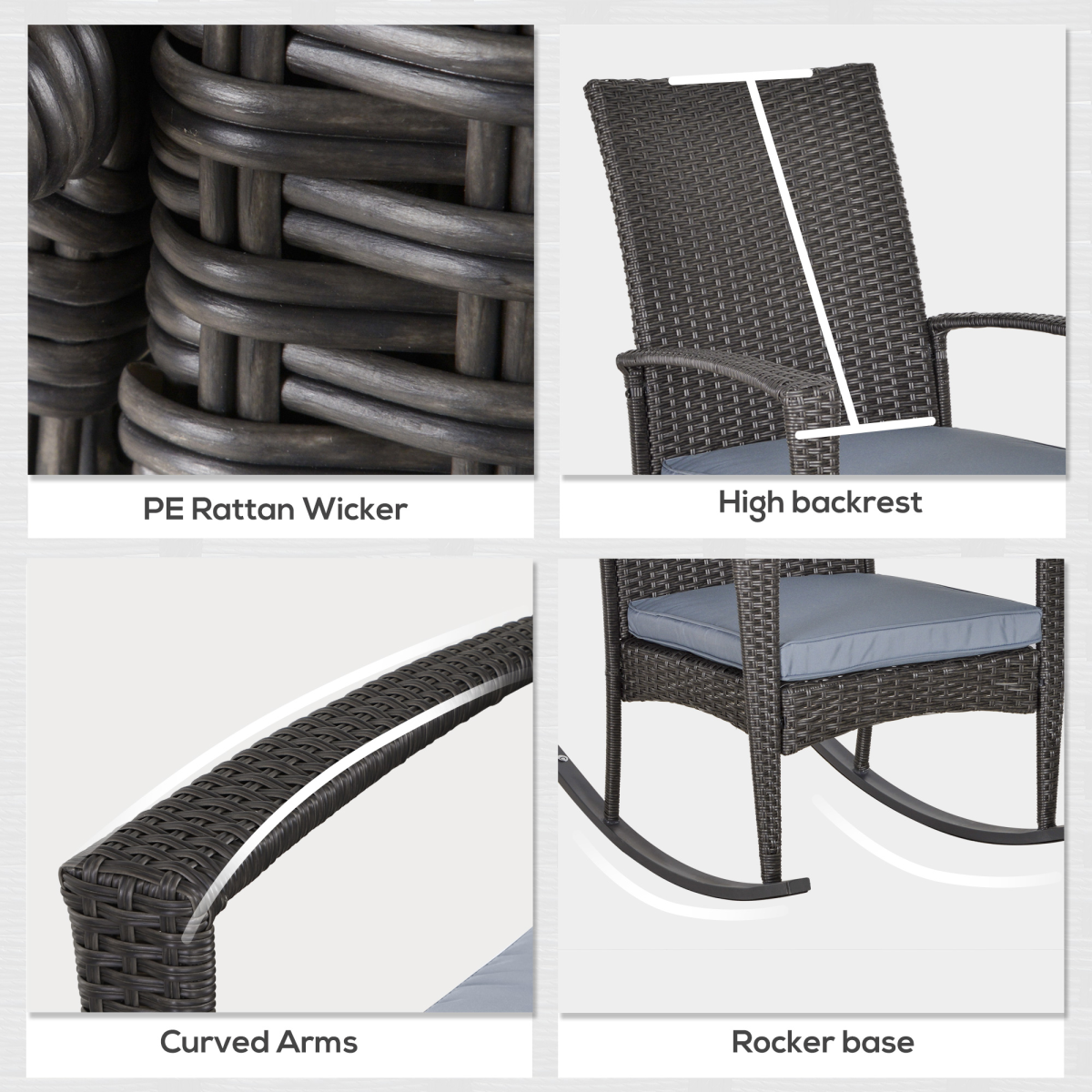 Outsunny PE Rattan Rocking Chair with Padded Cushion & Steel Frame – Outdoor Garden Seating, Grey