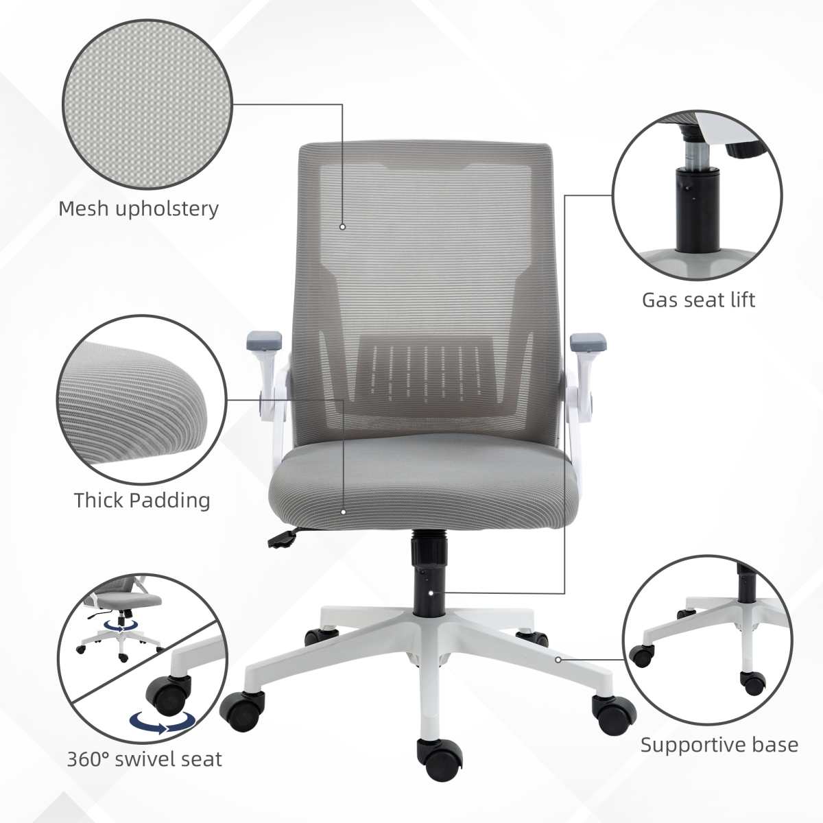 Vinsetto Mesh Home Office Chair with Lumbar Support, Flip-up Arms and Tilt – Adjustable Height Swivel Desk Chair