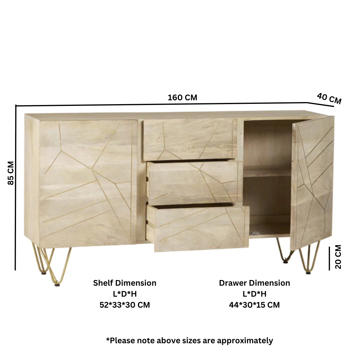 Extra Large Sideboard with Light Gold Metal Inlay, 3 Drawers & 2 Cupboard Doors – Solid Wood