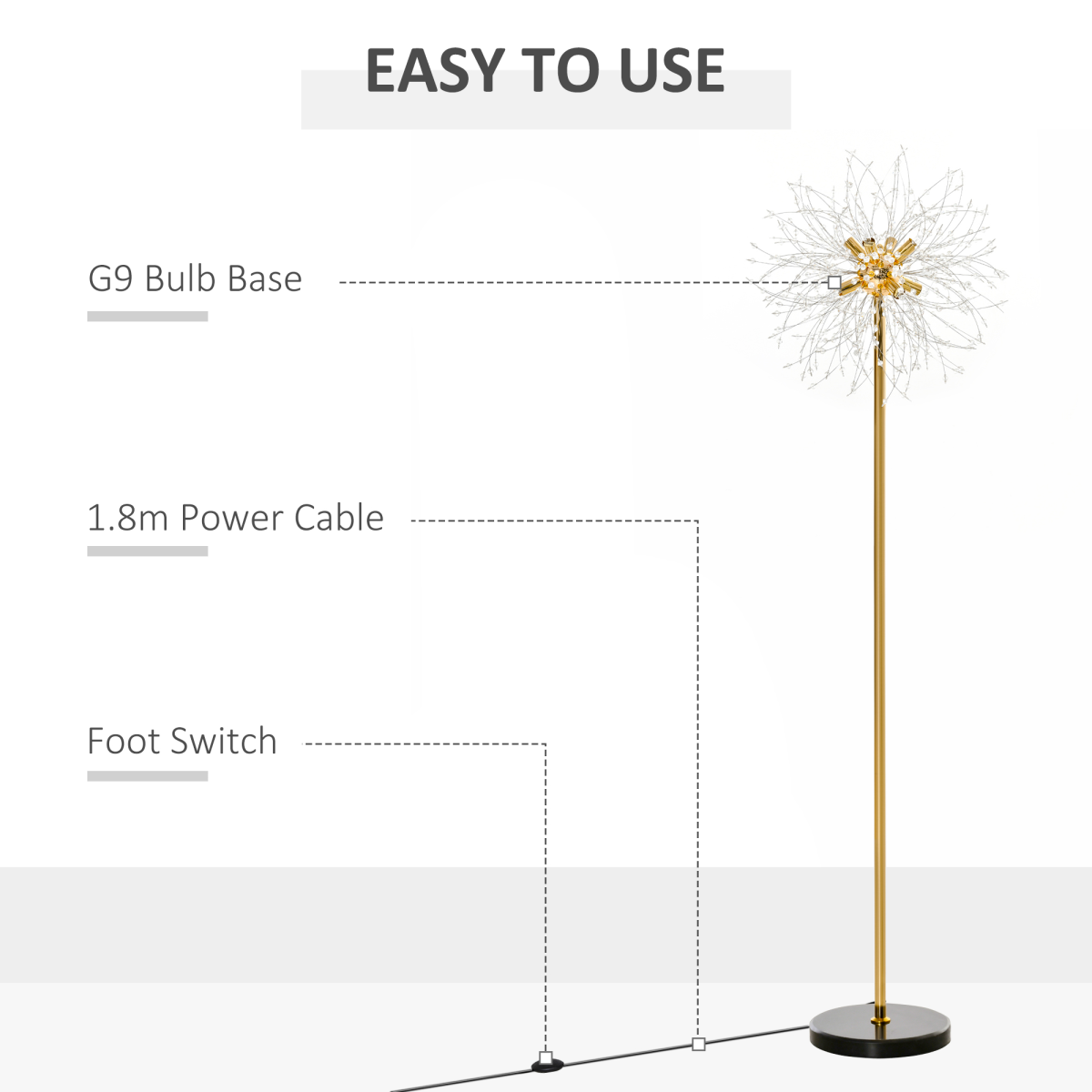 HOMCOM Modern Dandelion Floor Lamp with 8 G9 Lights – Sculptural Statement Lighting for Bedrooms & Lounges