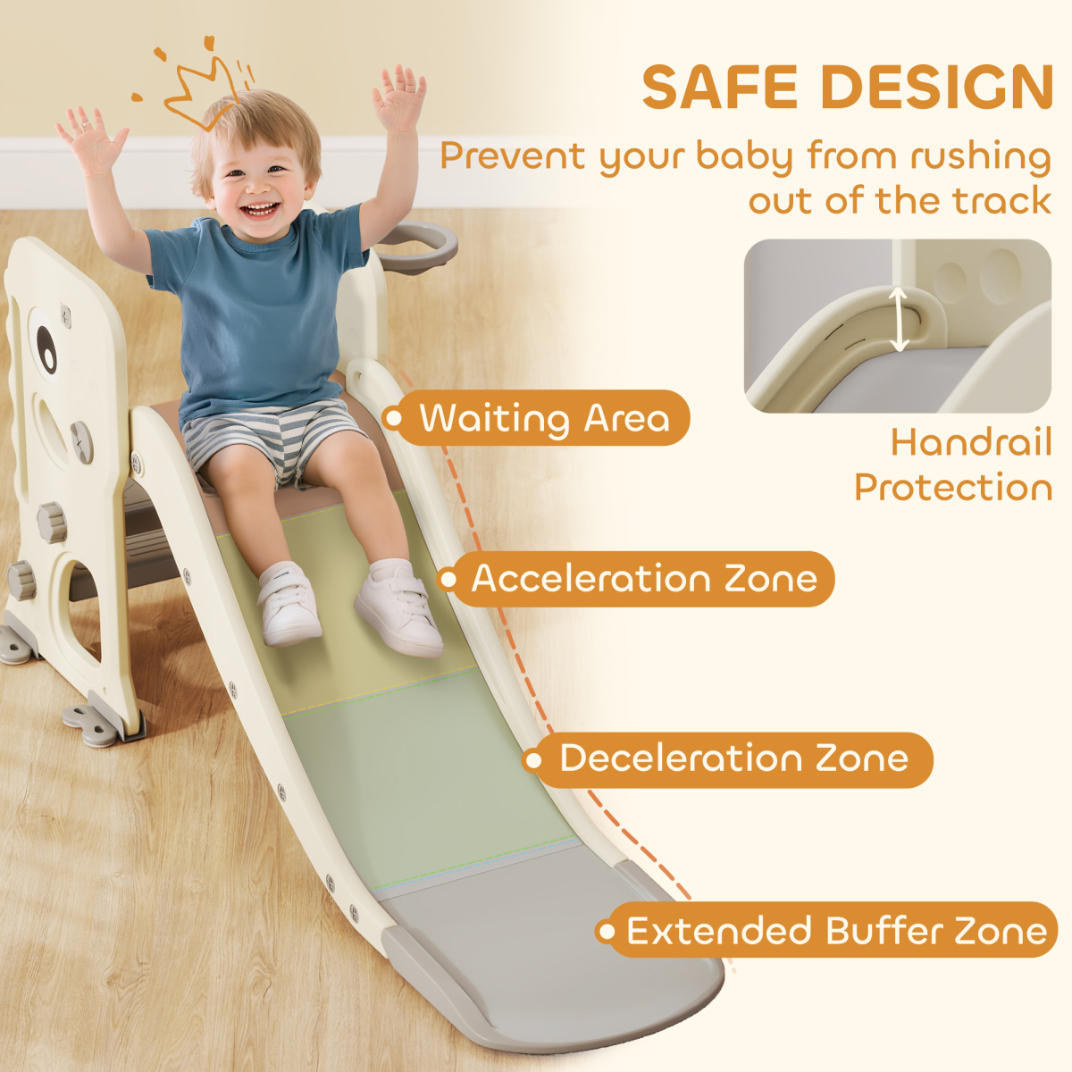 AIYAPLAY Foldable 3-in-1 Kids Slide with Climber and Basketball Hoop – Dinosaur Theme Playset, Cream White