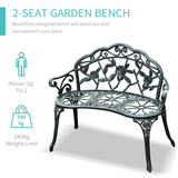 Outsunny Cast Aluminium Garden Bench with Rose Pattern & Curved Seat – Antique Verdigris Patio Chair