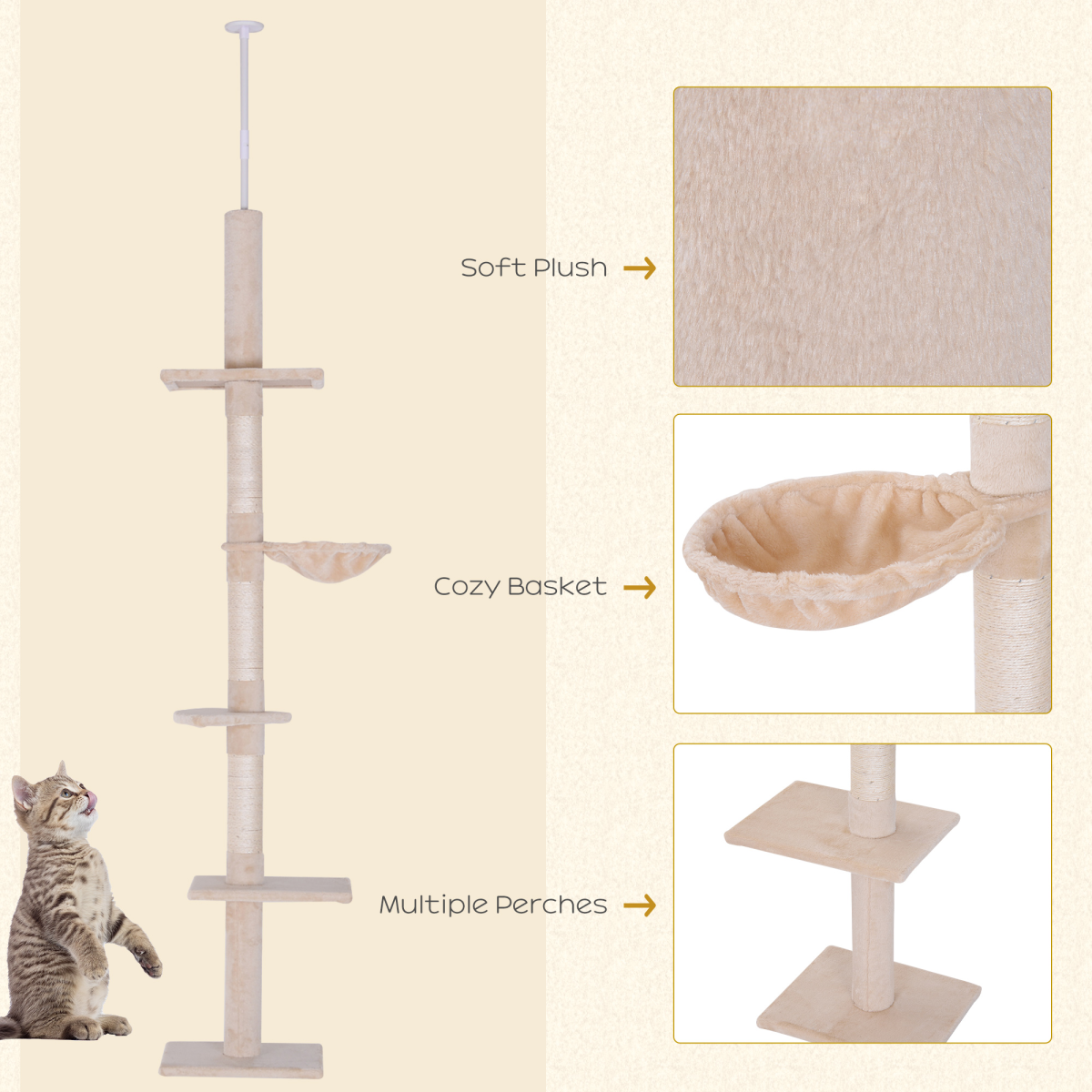 Pawhut 5-Tier Floor to Ceiling Cat Tree with Scratching Post – Activity Tower, Adjustable 230–260cm
