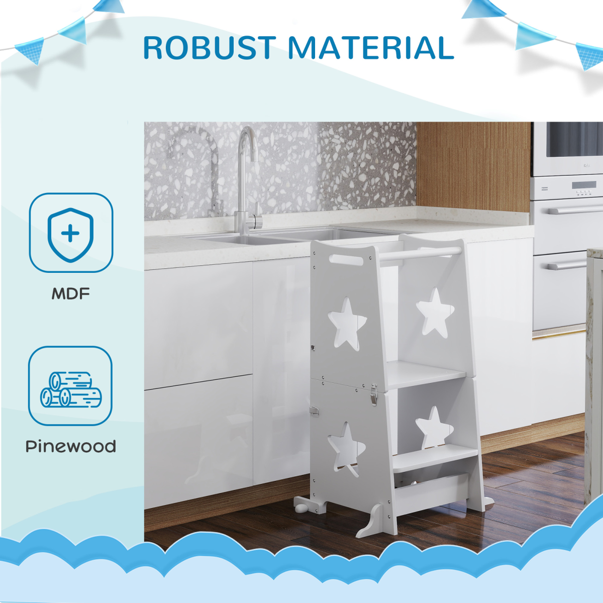 AIYAPLAY 2 in 1 Toddler Step Stool with Safety Rail – Converts to Table and Chair Set, White