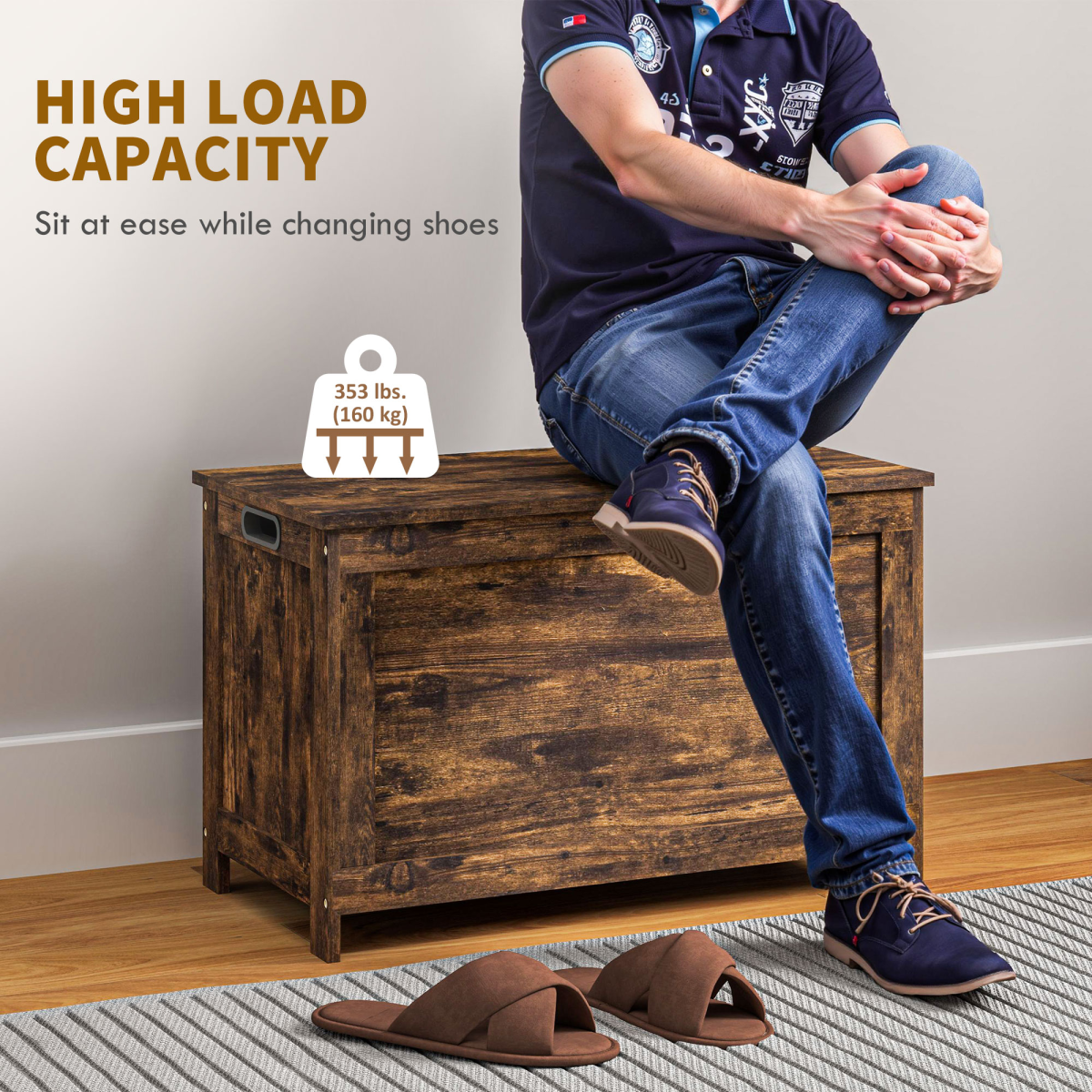 Rustic Brown Storage Bench with Hinged Lid & Side Handles – Entryway Shoe Bench, Storage Chest, MDF