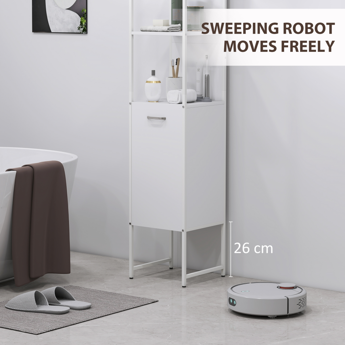 White Bathroom Storage Cabinet with Open & Closed Compartments – Freestanding Organiser