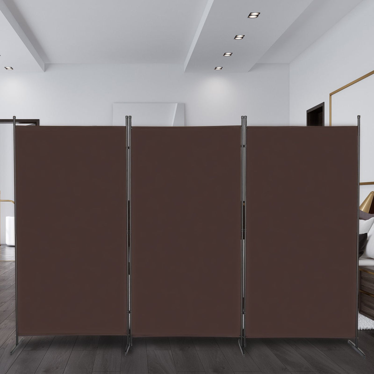 6ft 3-Panel Folding Room Divider – Polyester Fabric Privacy Screen, Steel Frame, Brown