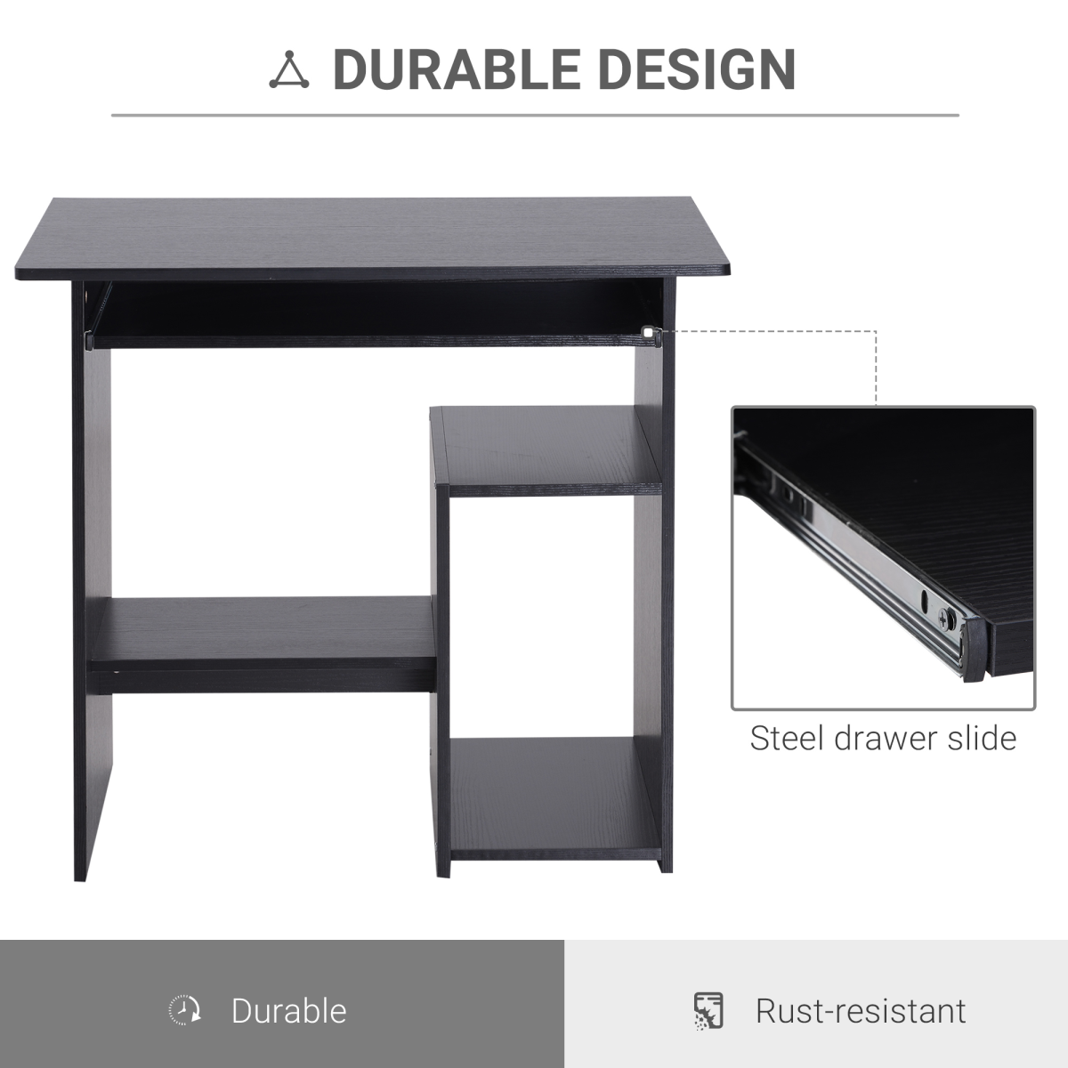 HOMCOM Compact Computer Desk with Slide-Out Keyboard Tray and Two Storage Shelves – Black