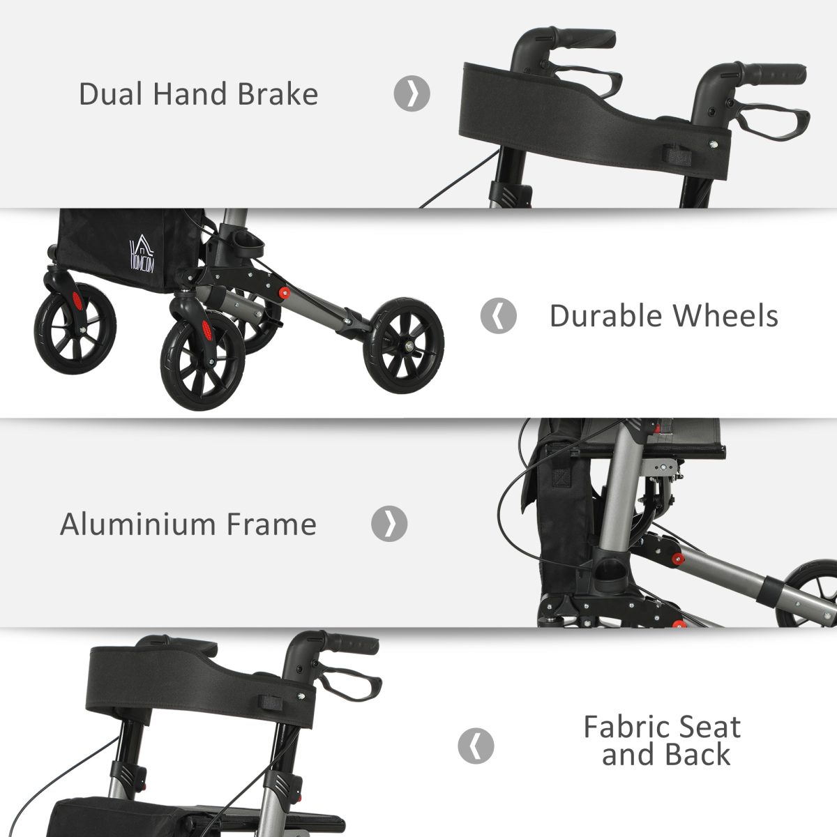 HOMCOM 4-Wheel Rollator Walker with Seat, Backrest & Storage Bag – Foldable Aluminium Mobility Aid, Silver