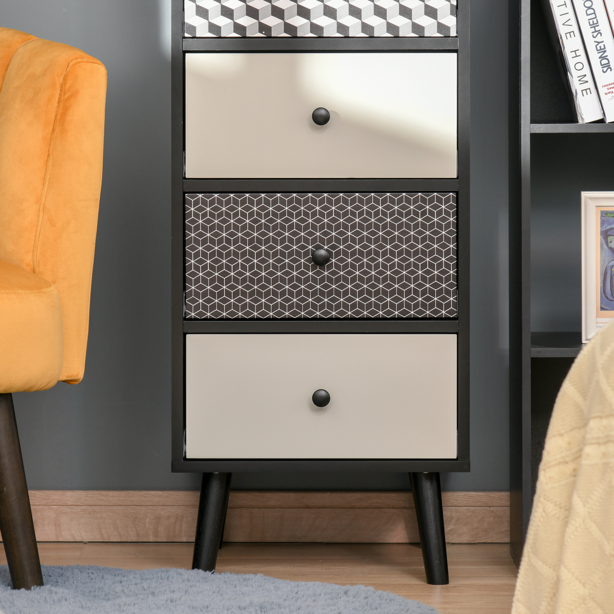 Geometric Print 5-Drawer Wooden Chest of Drawers with Anti-Tip Fitting – Bedroom Storage