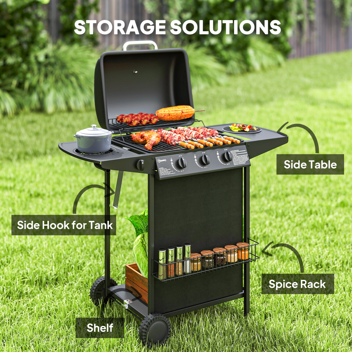 Outsunny 4 Burner Gas Barbecue Grill with Lid, Side Burner and Storage Shelves – Portable Garden BBQ, Black