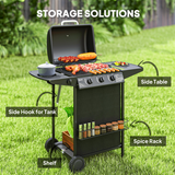 Outsunny 4 Burner Gas Barbecue Grill with Lid, Side Burner and Storage Shelves – Portable Garden BBQ, Black