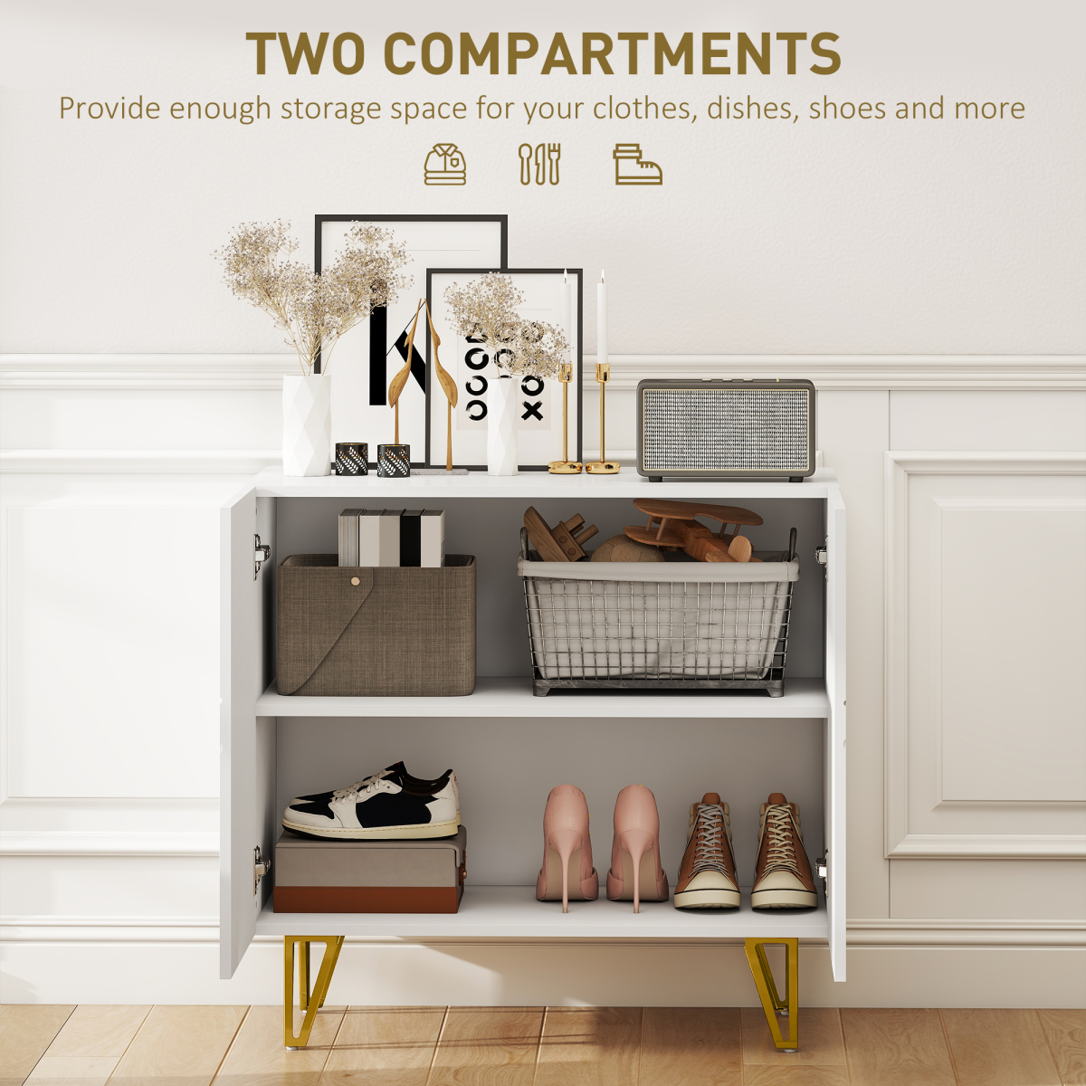 High Gloss White Sideboard Cabinet with Gold Hairpin Legs, Soft-Close Hinges & Adjustable Shelf