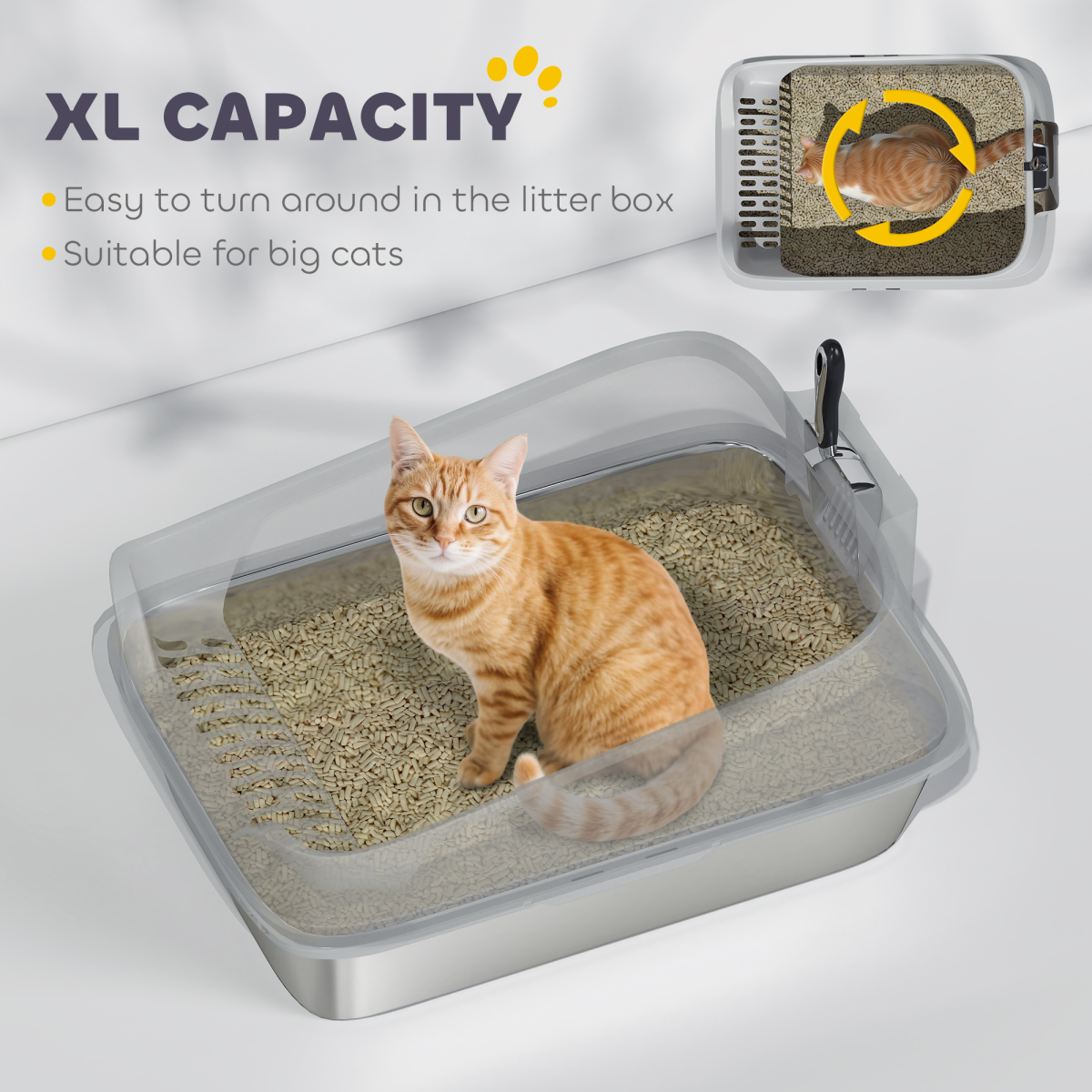 XL Stainless Steel Cat Litter Box with High Sides, Scoop & Entryway Litter Catcher – Large Pet Toilet, Grey