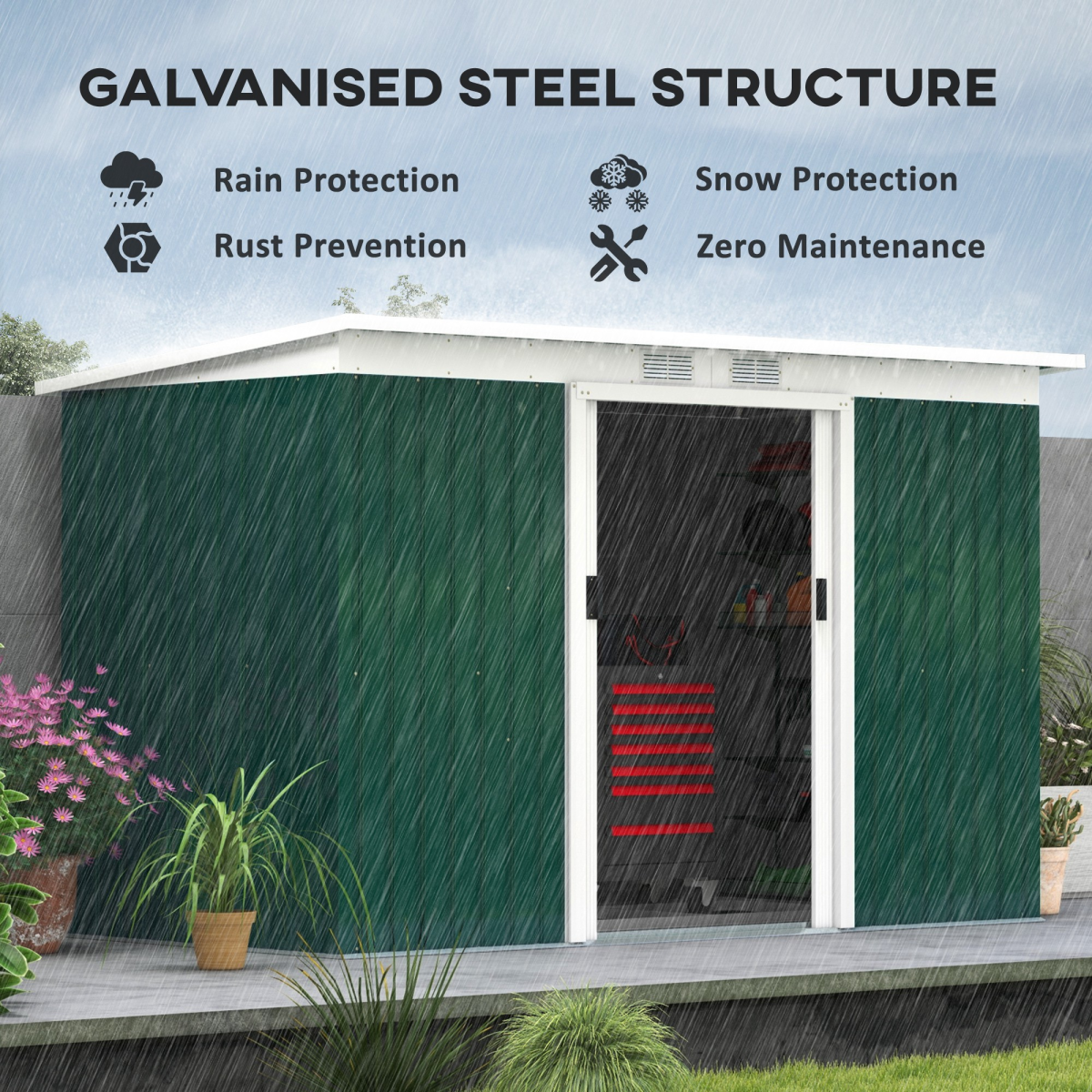 Metal Garden Shed with Sliding Lockable Double Doors, 2 Vents & Foundation Kit – 280 x 130cm, Dark Green