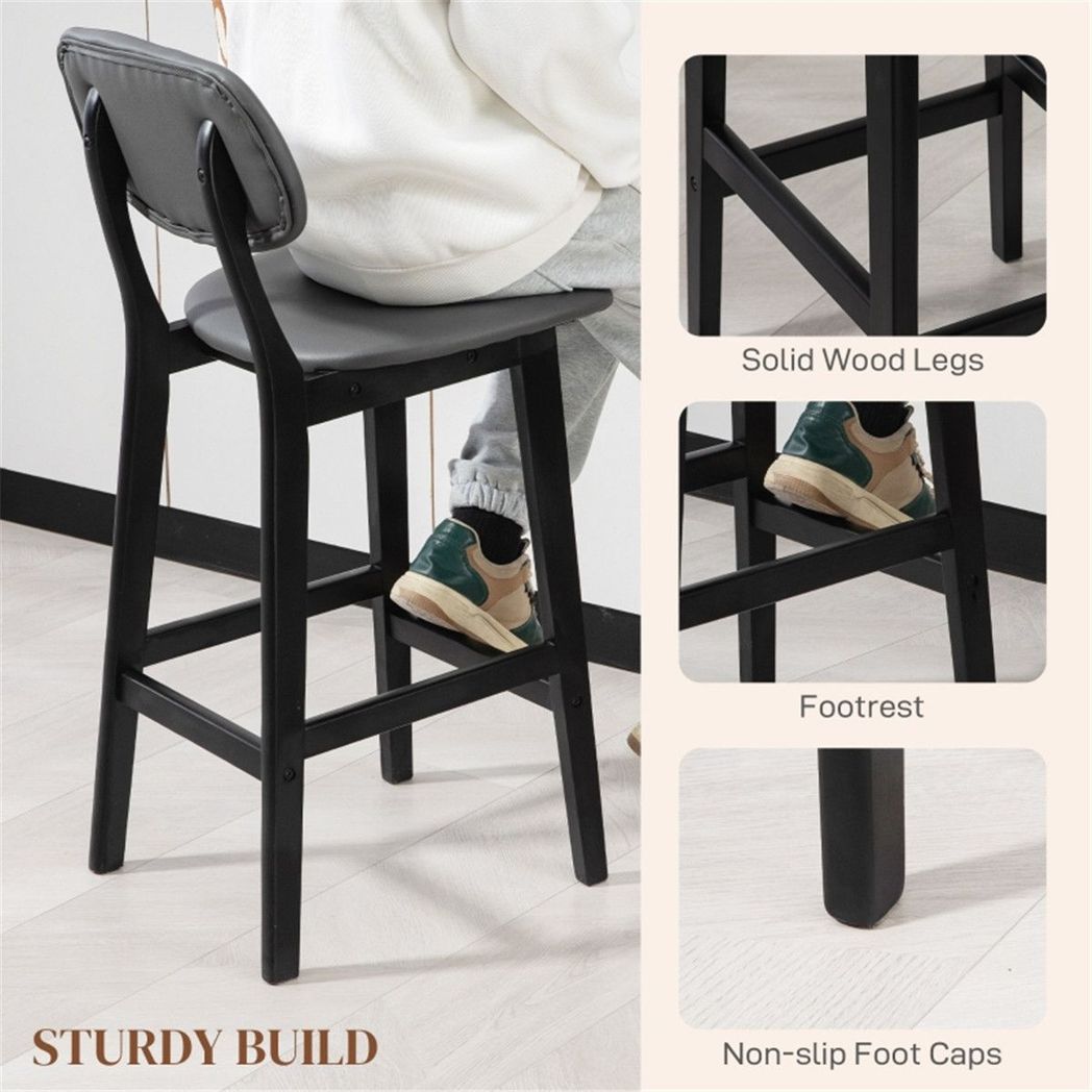 Bar Stools Set of 2 with Backs, Footrests & Padded Faux Leather Seats – Beech Wood Counter Chairs, Dark Grey