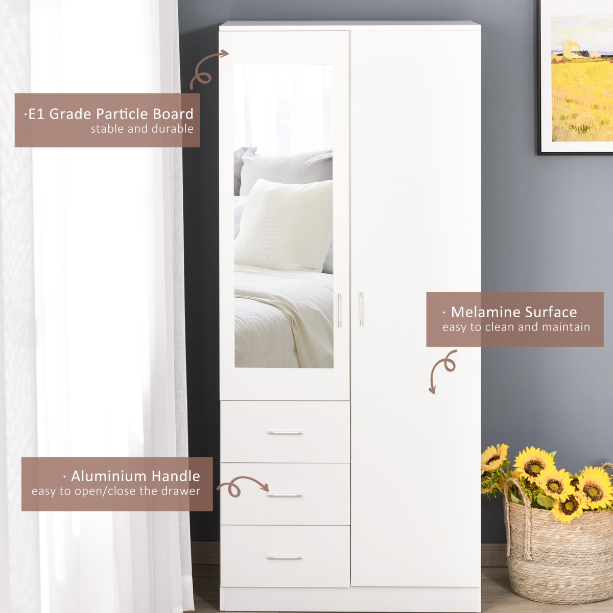 2-Door Wardrobe with Hanging Rail, 3 Shelves & 3 Drawers – 180cm Bedroom Storage, White