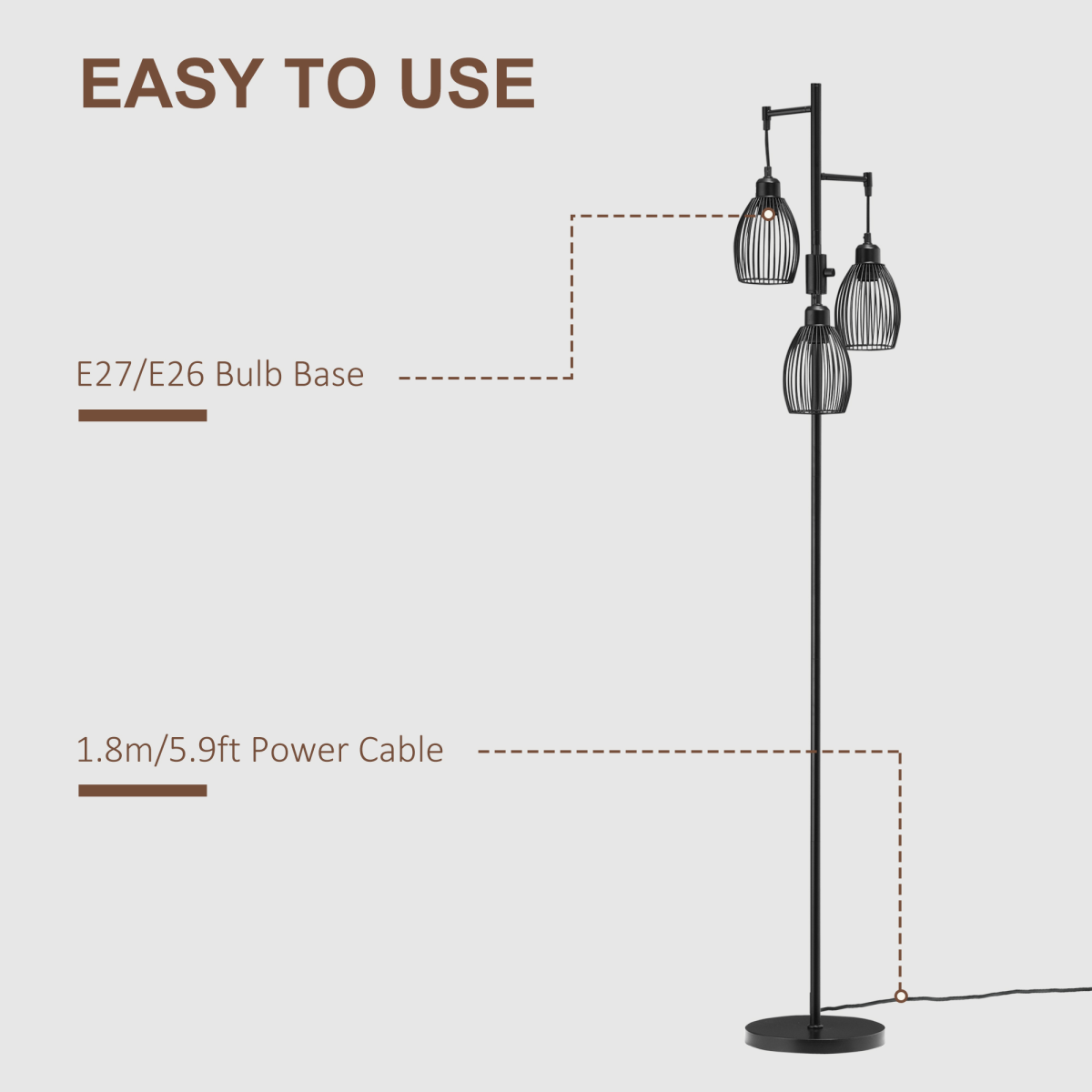 HOMCOM 170cm Industrial 3-Light Dimmable Floor Lamp – Steel Frame, Black