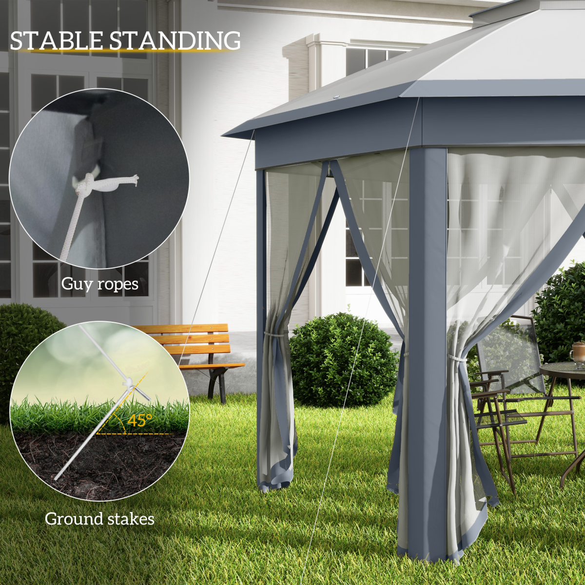 Outsunny 4 x 4m Hexagon Pop-Up Gazebo with Double Roof & Mesh Netting – Grey