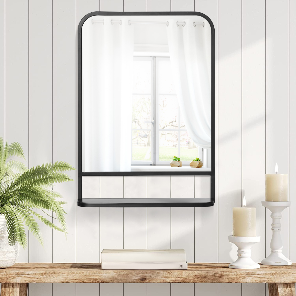 Square Wall Mirror 70 x 50cm with Bottom Shelf – Black Metal Frame for Bathroom, Hallway or Makeup