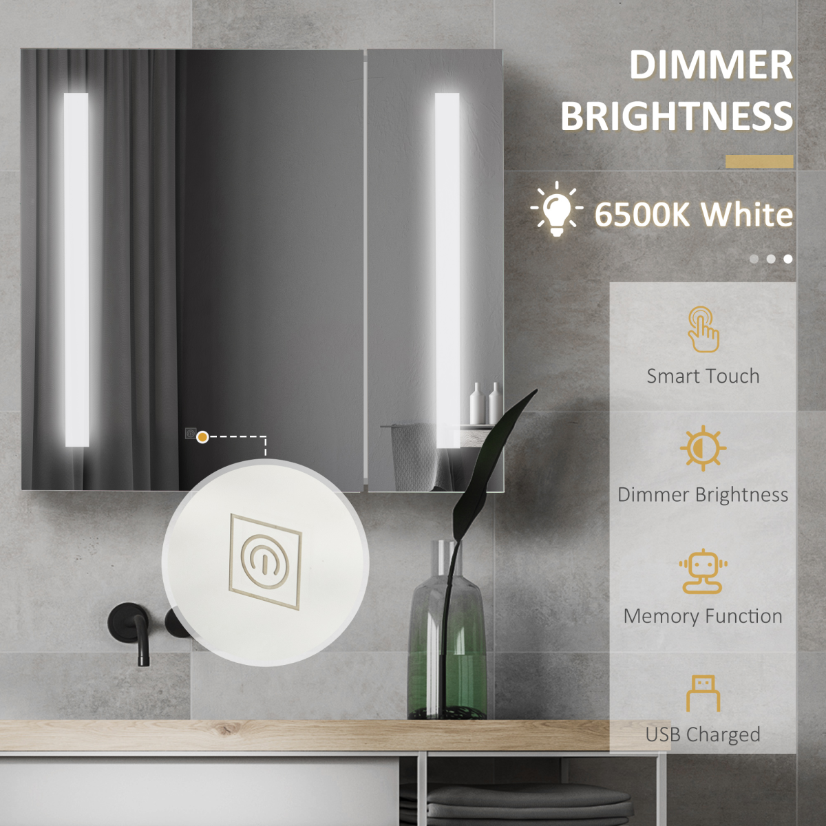 kleankin LED Illuminated Bathroom Mirror Cabinet with Touch Switch – Wall-Mounted Storage, Mirrored Doors