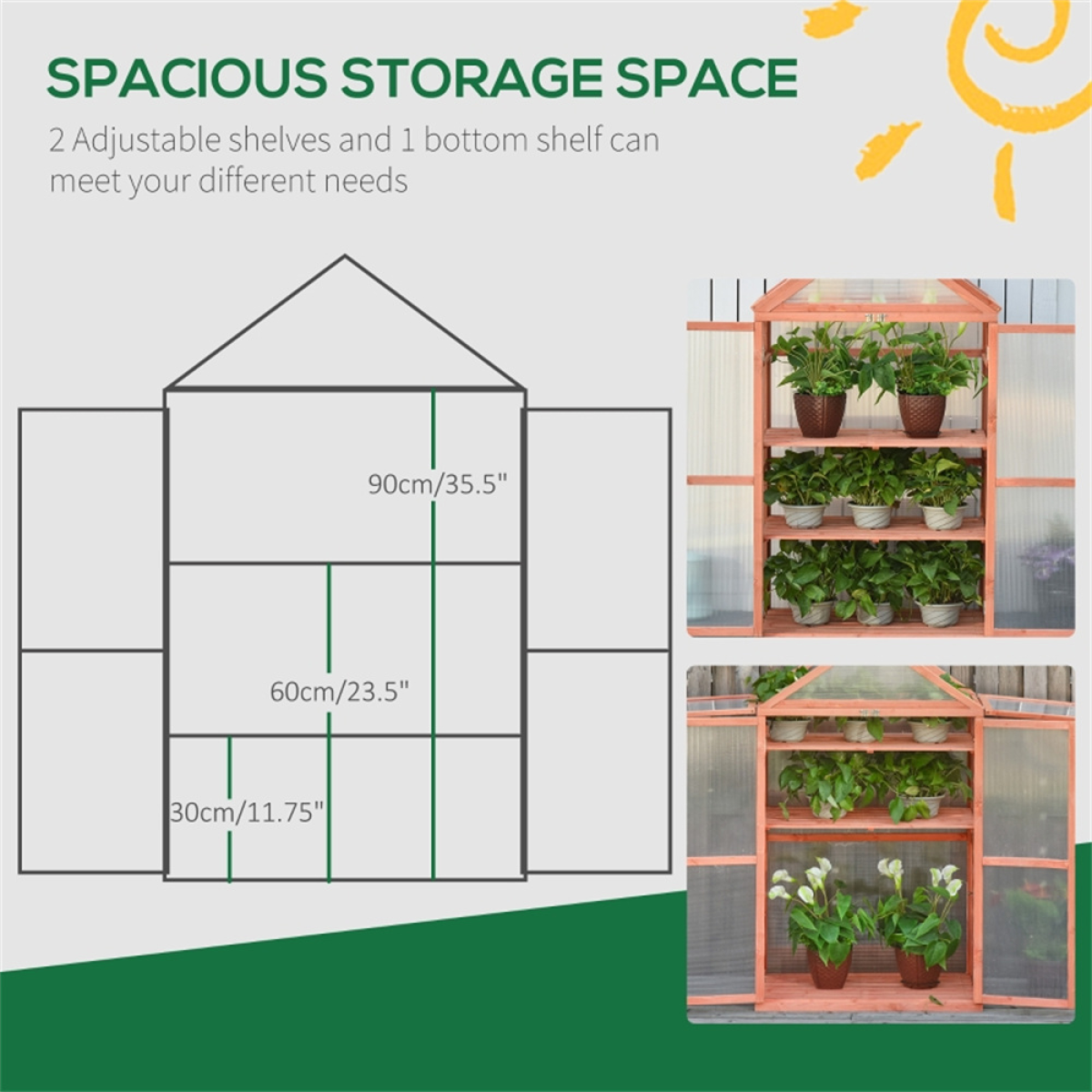 Wooden Mini Greenhouse with 3-Tier Adjustable Shelves & Double Doors – Polycarbonate Garden Plant House, Orange