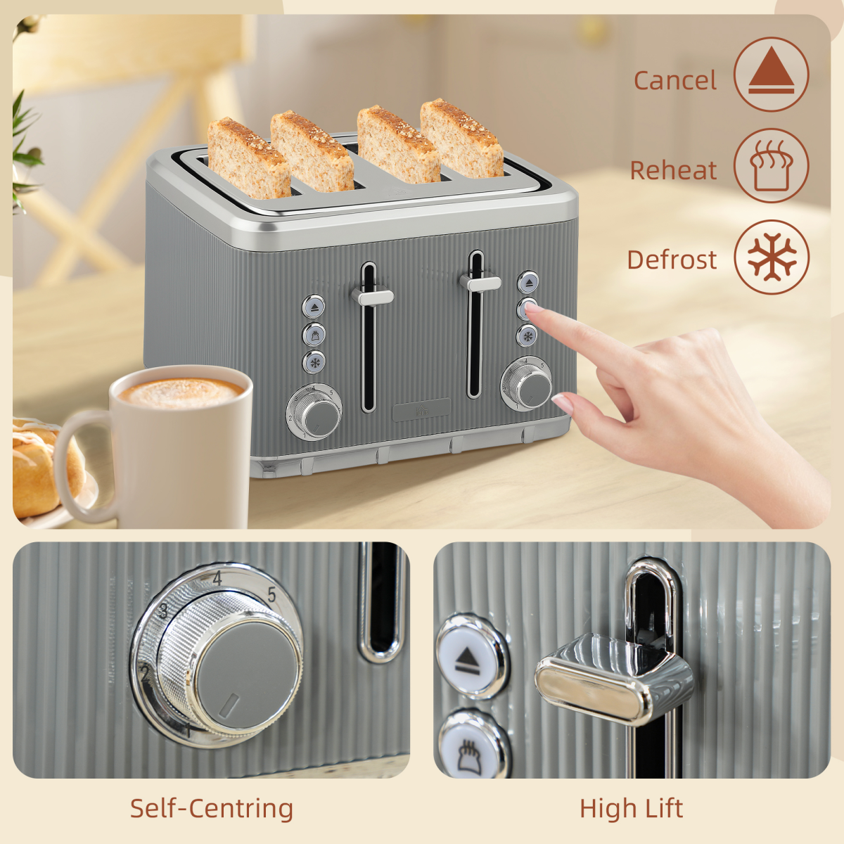 Kettle and 4-Slice Toaster Set with 1.7L 3000W Fast Boil Kettle & 7 Browning Levels – Ridged Design, Tan