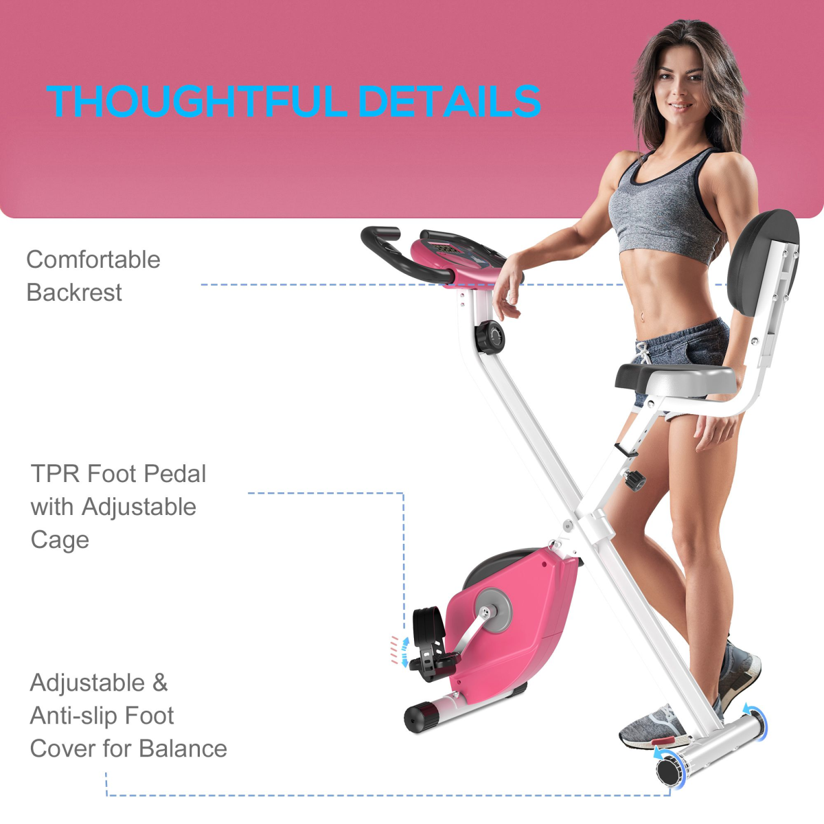 HOMCOM Foldable Magnetic Exercise Bike with 8 Resistance Levels, LCD Monitor & Adjustable Seat – Home Cardio, Pink