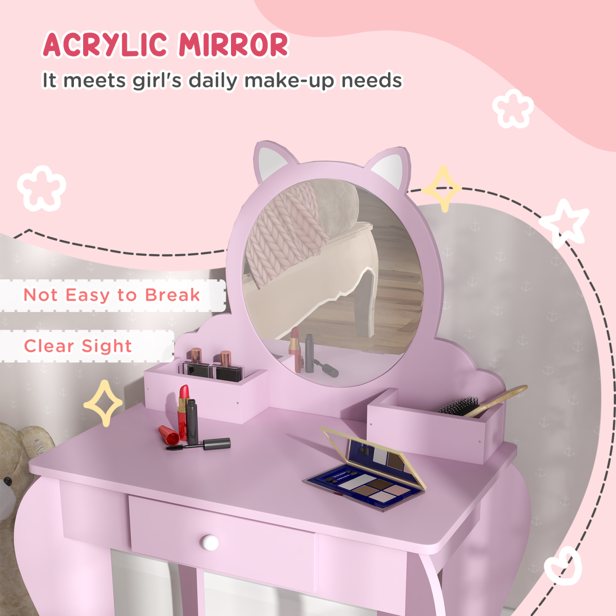 ZONEKIZ Kids Dressing Table with Mirror, Stool, Drawer & Side Storage Boxes – Cat Design Vanity Set, Pink