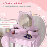 ZONEKIZ Kids Dressing Table with Mirror, Stool, Drawer & Side Storage Boxes – Cat Design Vanity Set, Pink