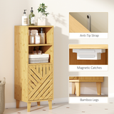 HOMCOM Narrow Bathroom Storage Cabinet with Open Compartments & Bamboo Door – Slim Floor Cabinet, Natural