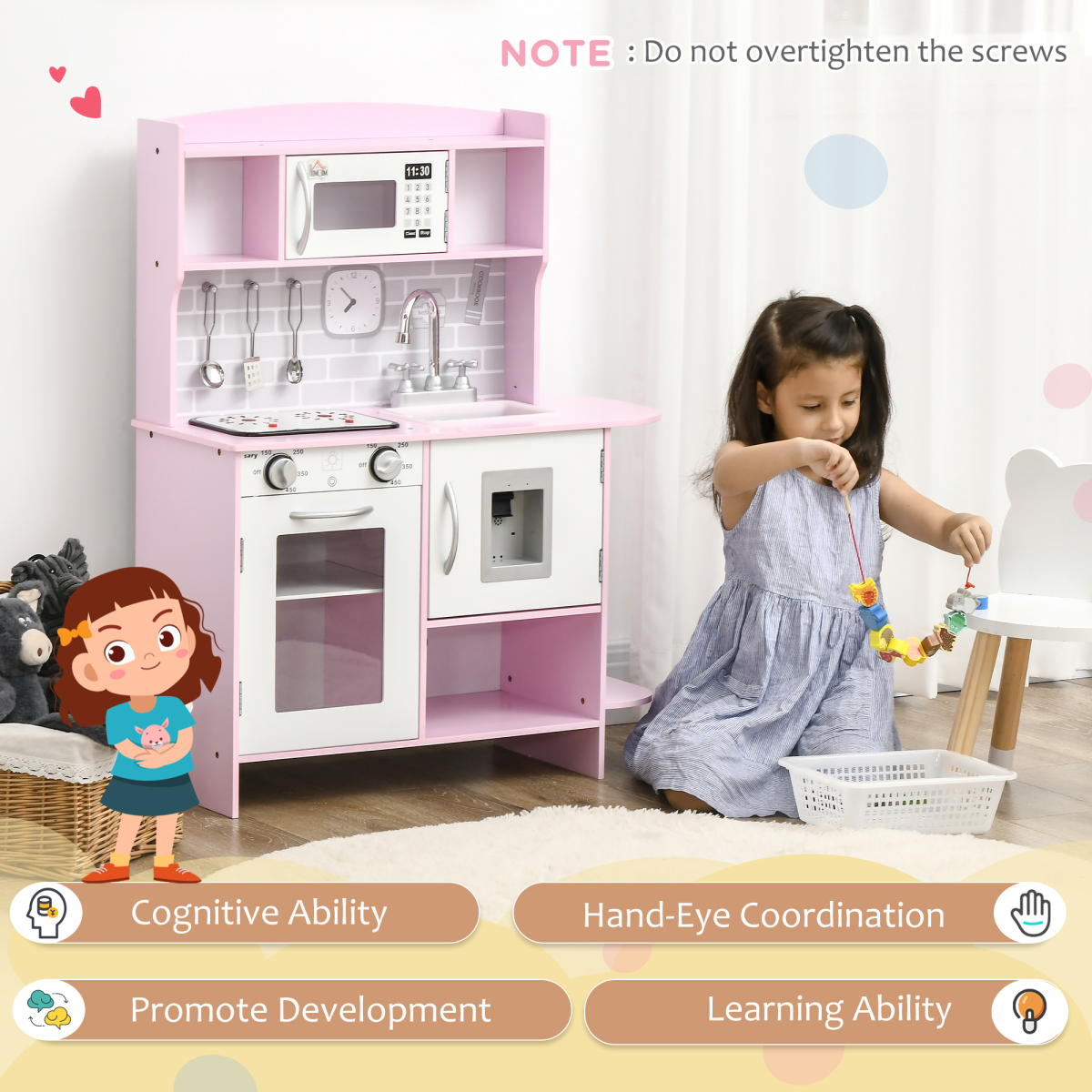 HOMCOM Kids Kitchen Play Set with Lights, Sounds, Microwave, Sink and Storage – Role Play Toy
