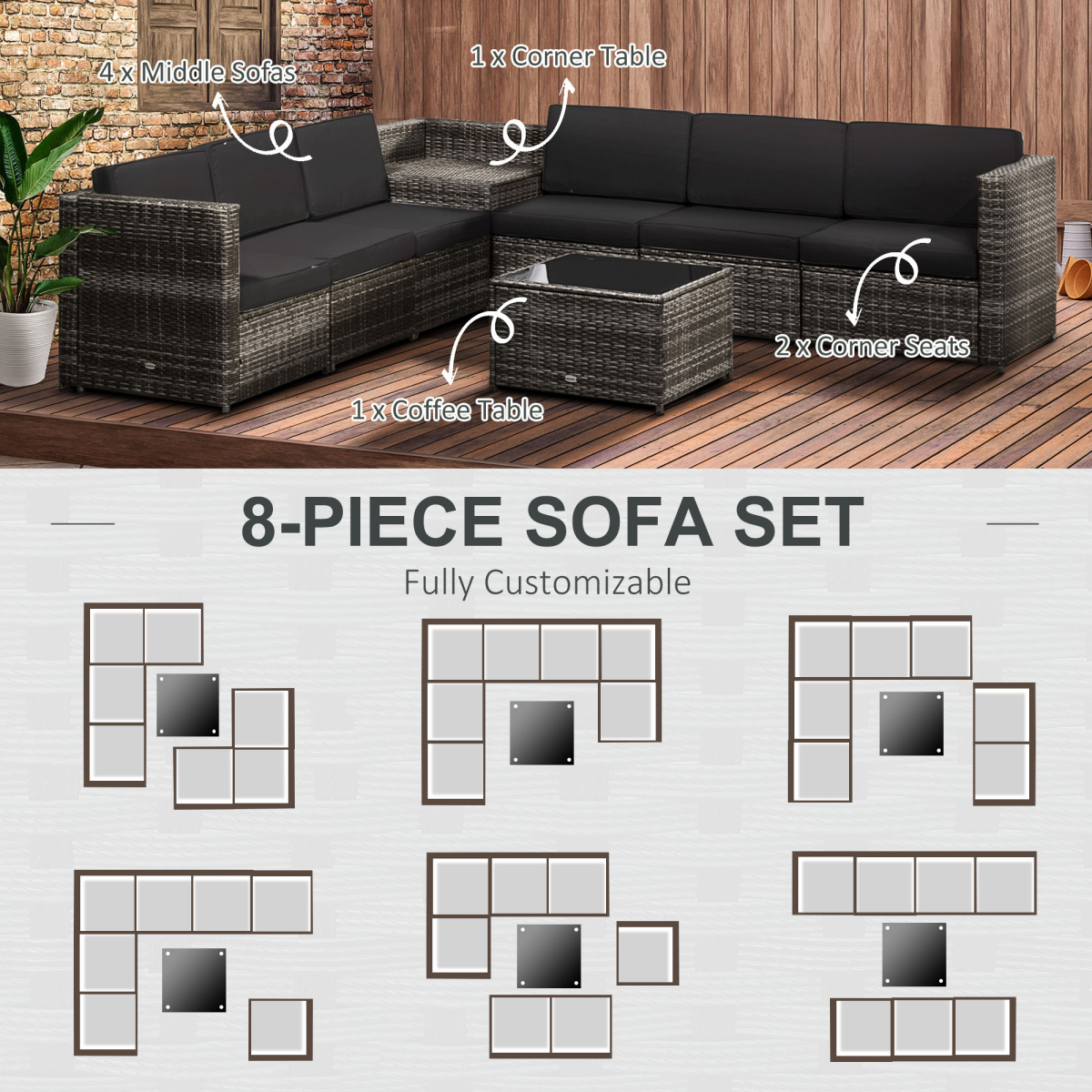 Outsunny Grey Rattan Sofa Set modular configuration view