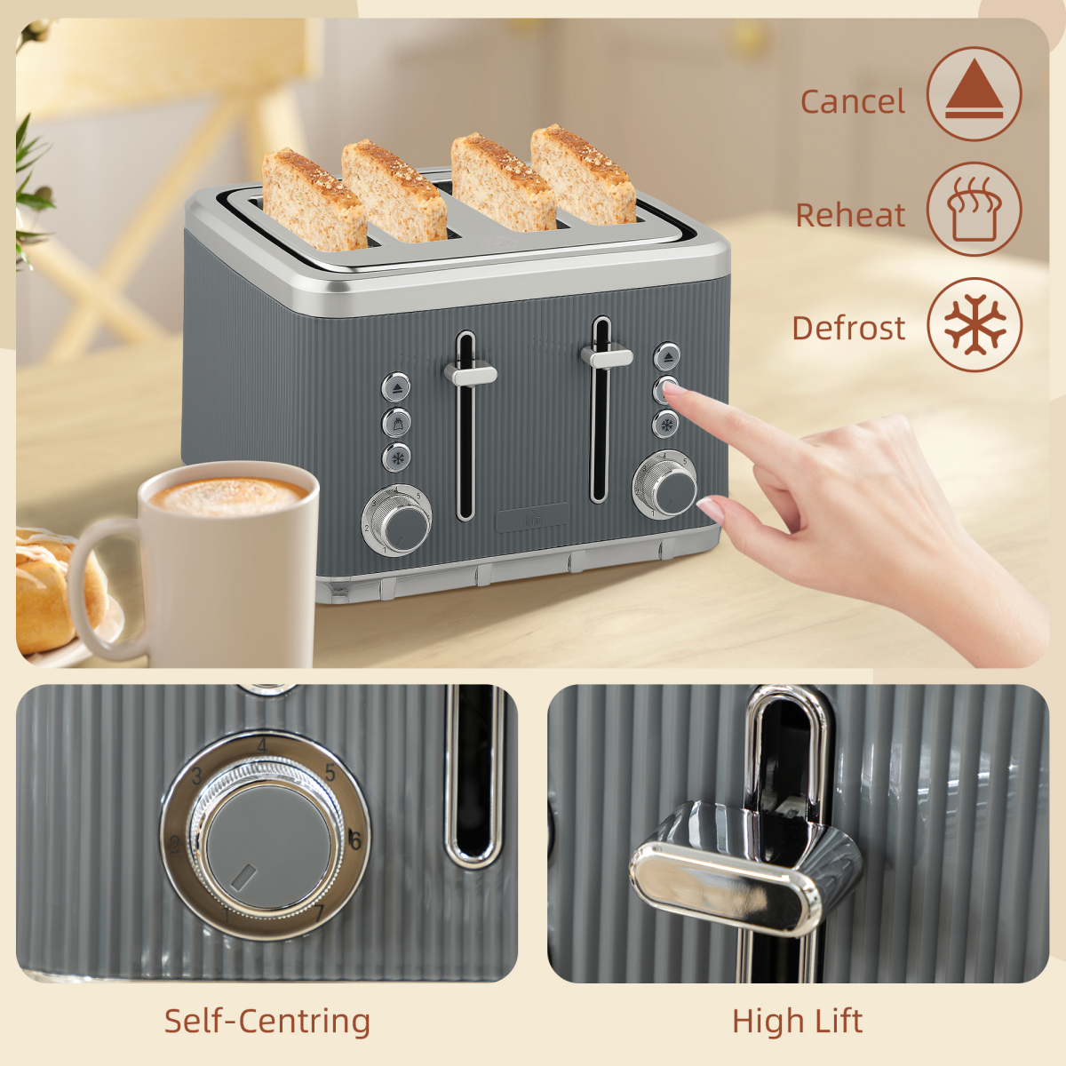 Kettle and 4-Slice Toaster Set with 1.7L 3000W Fast Boil Kettle & 7 Browning Levels – Ridged Design, Grey