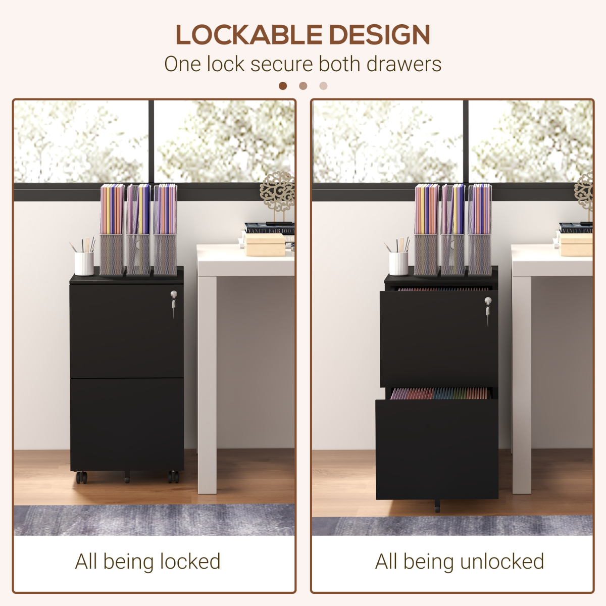 Vinsetto 2 Drawer Lockable Steel File Cabinet with Hanging Bar – Secure Home Office Storage