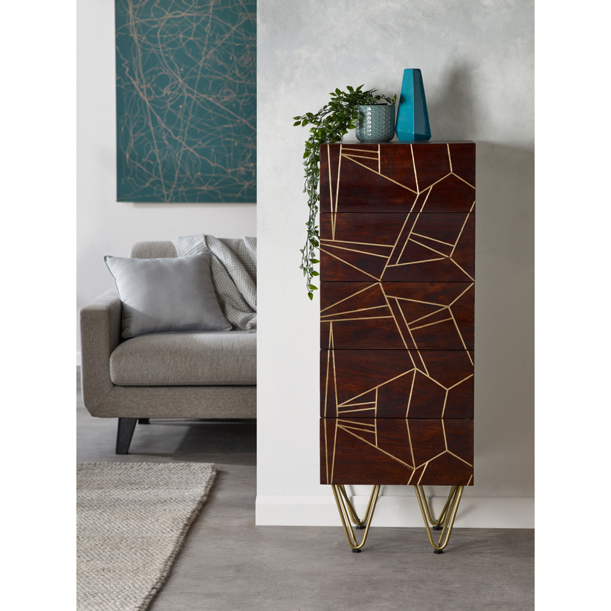 Indian Hub Dark Gold Tall Chest of Drawers, Solid Wood with Metal Inlay